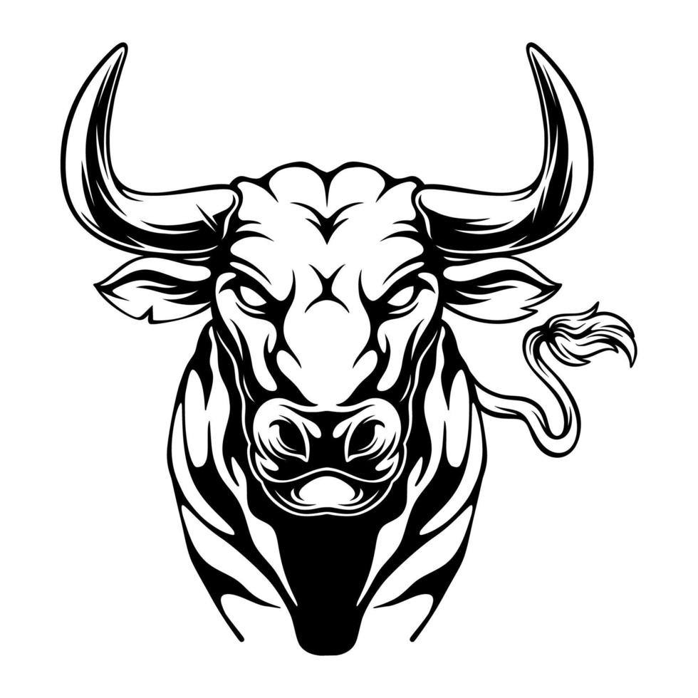 illustration vectorielle vue de face d'un taureau aux longues cornes se préparant à chasser sa proie design noir et blanc vecteur