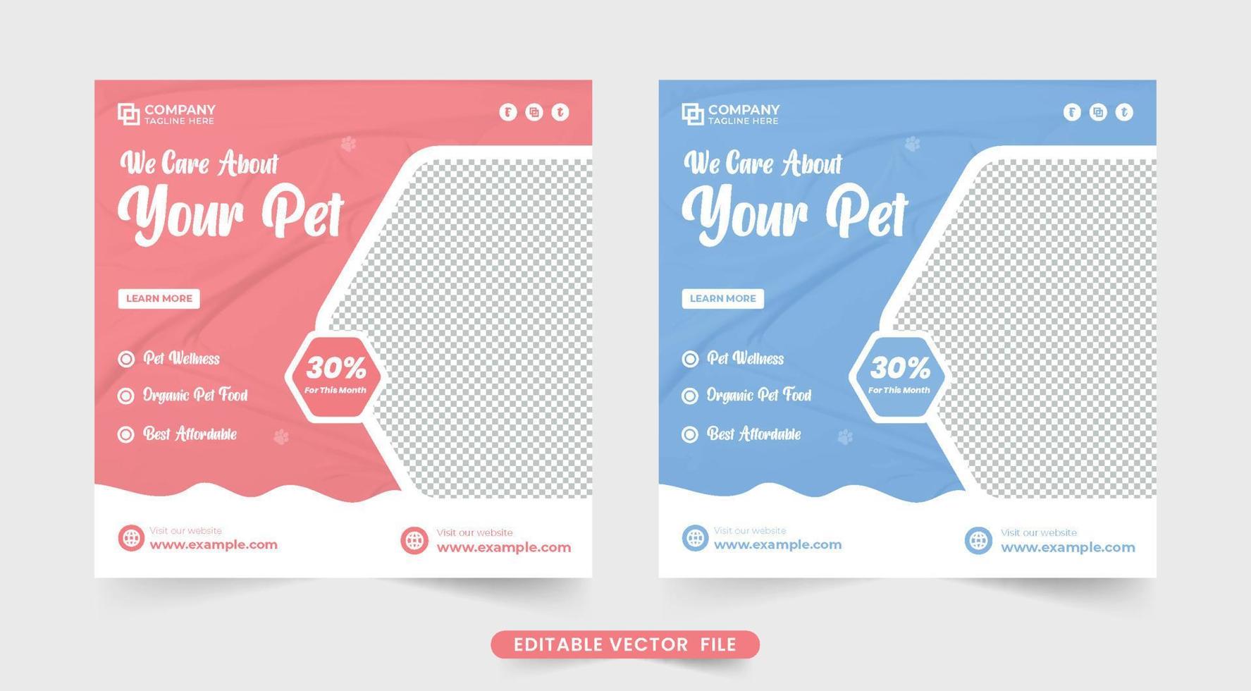 vecteur de publication de médias sociaux de soins pour animaux de compagnie créatif avec des couleurs roses et bleues. modèle de promotion des entreprises de toilettage et de soins de santé pour animaux de compagnie avec des formes abstraites. modèle de publicité de service vétérinaire pour animaux.