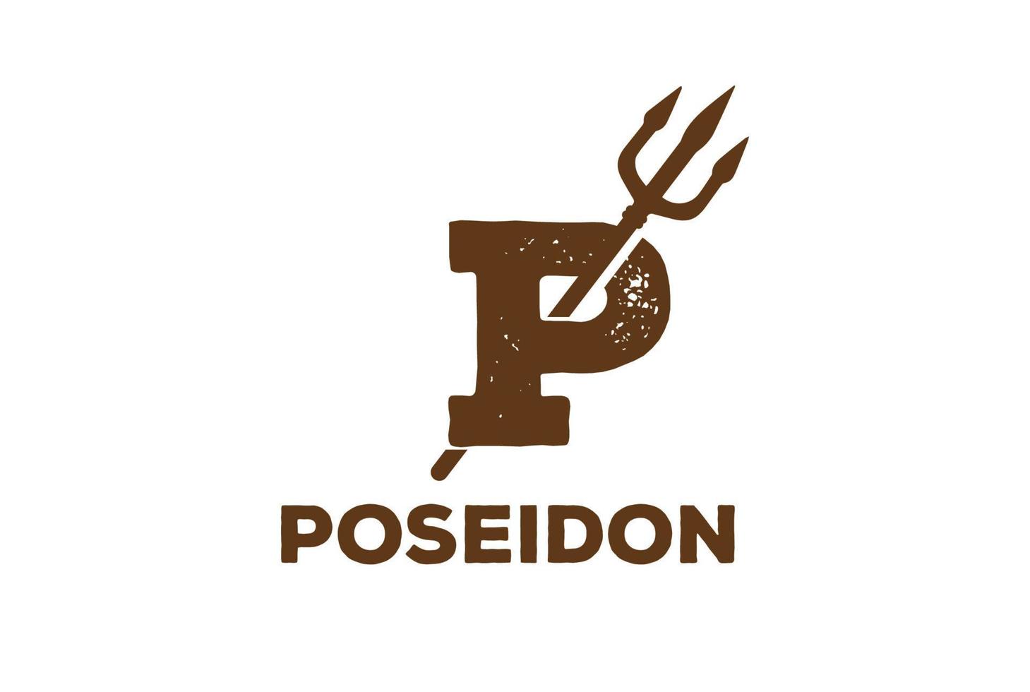 lettre initiale rétro vintage p avec fourche de lance trident pour la création de logo de dieu neptune poseidon vecteur