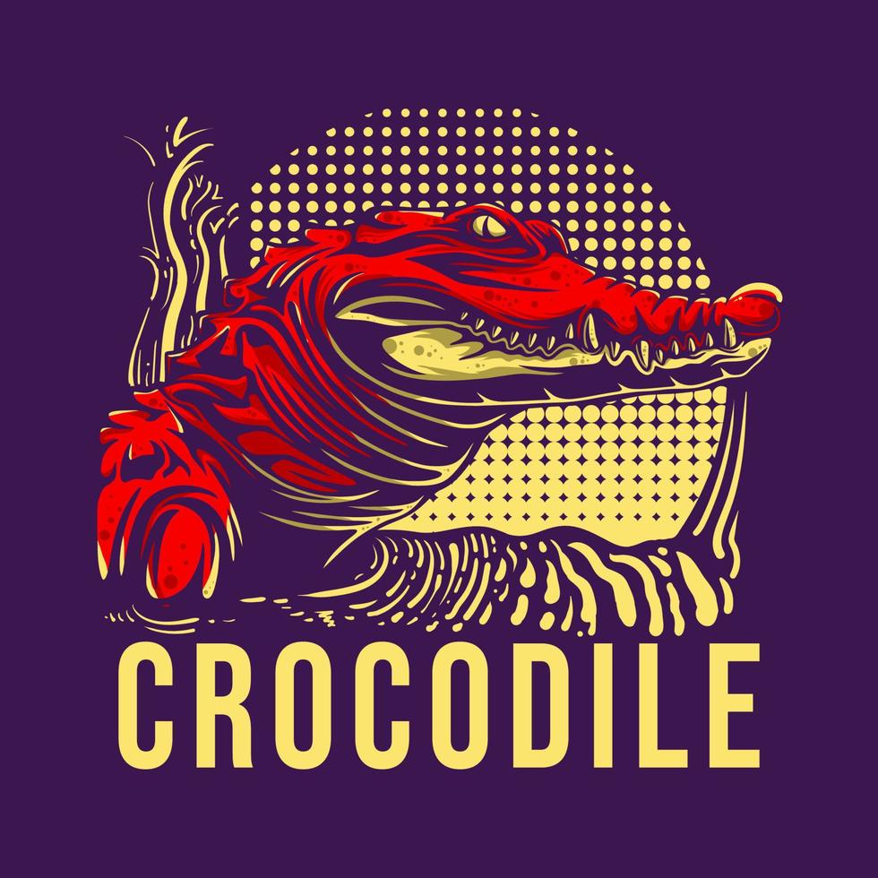 conception de t-shirt crocodile avec vue latérale du crocodile avec des dents pointues et des yeux traquant sa proie illustration vintage vecteur