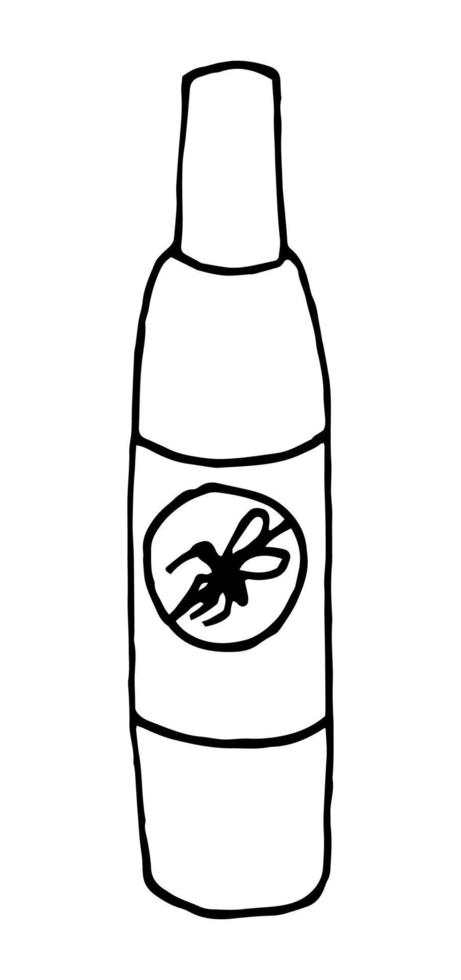 vecteur de contour de camping en spray insectifuge. les moustiques et les moucherons piquants attaquent l'illustration en noir et blanc. lutte antiparasitaire, doodle aérosol anti-moustique naturel