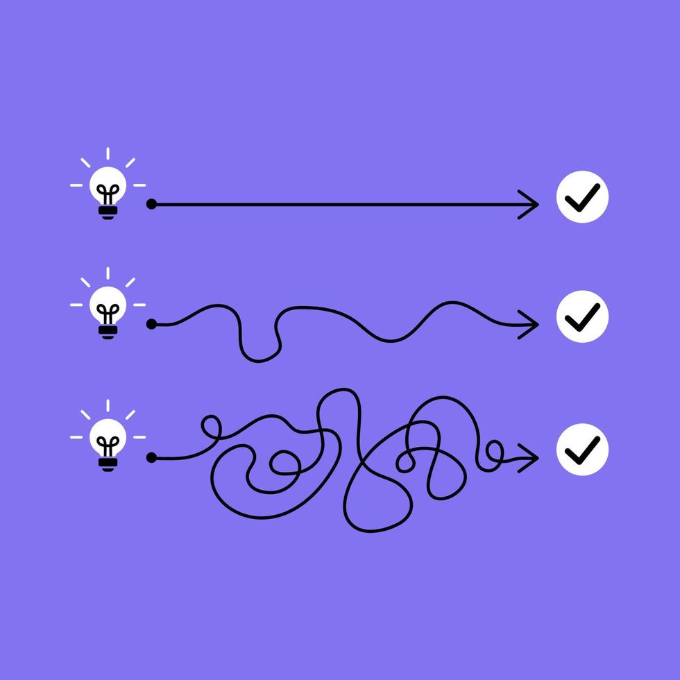 le concept de réalisation d'une idée. les attentes par rapport à la réalité. plan B. la voie facile ou la voie difficile. illustration vectorielle isolée sur fond blanc. vecteur