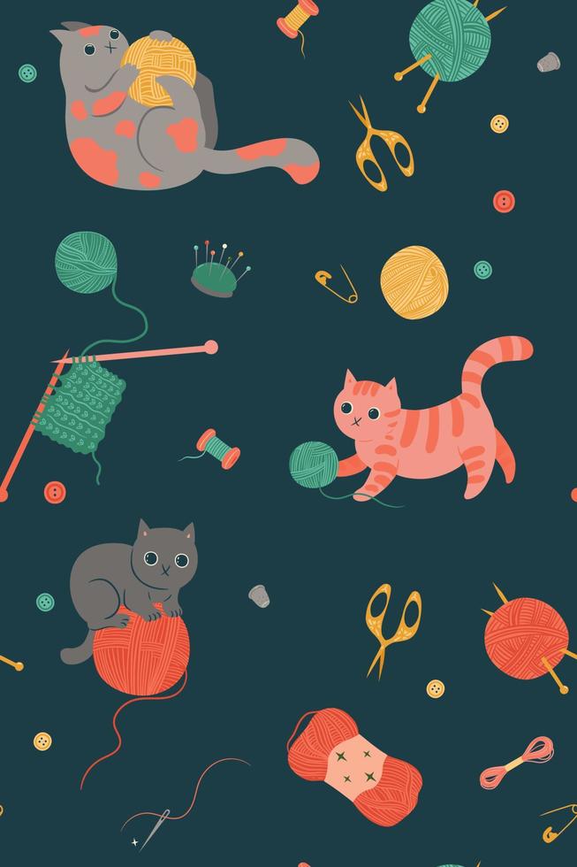 modèle sans couture avec des chats mignons et des outils de couture. graphiques vectoriels. vecteur