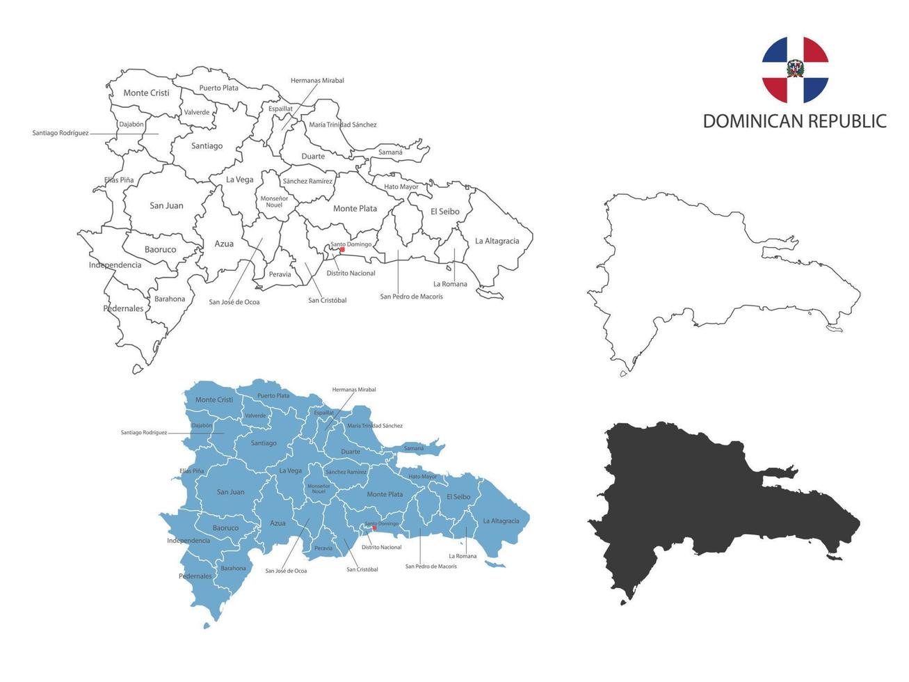 4 style d'illustration vectorielle de la carte de la république dominicaine ont toutes les provinces et marquent la capitale de la république dominicaine. par un style de simplicité de contour noir fin et un style d'ombre sombre. vecteur