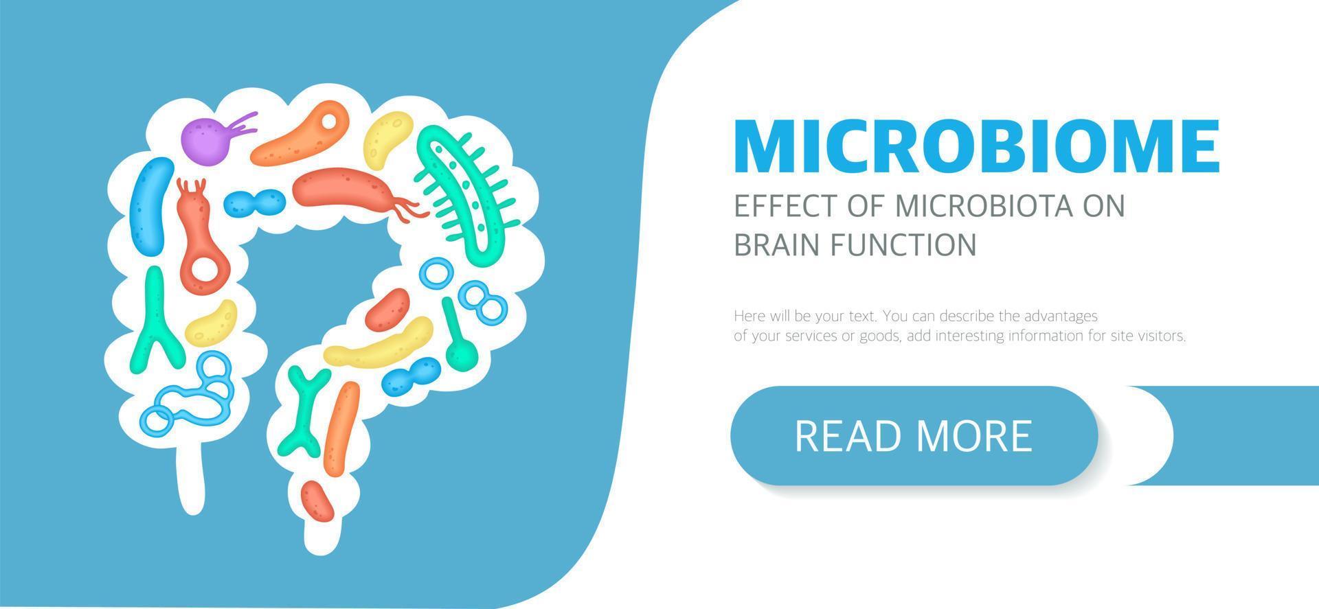 modèle de page de destination du site Web du microbiome avec intestins et bactéries, liste de diffusion, publicité, étiquette, présentation. fond de vecteur gastro-entérologue.