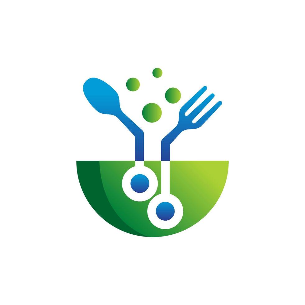 logo de la technologie alimentaire. cuillère et fourchette dans un bol avec symbole techno. vecteur
