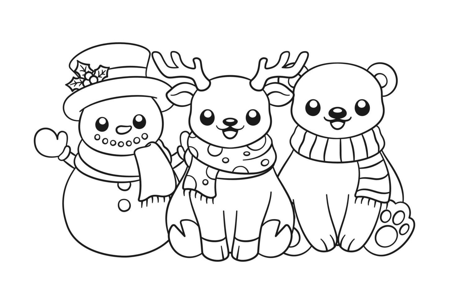 bonhomme de neige heureux, renne et ours polaire portant des écharpes décrivent l'illustration de dessin animé de dessin au trait doodle. Activité de page de livre de coloriage sur le thème de Noël d'hiver pour enfants et adultes. vecteur