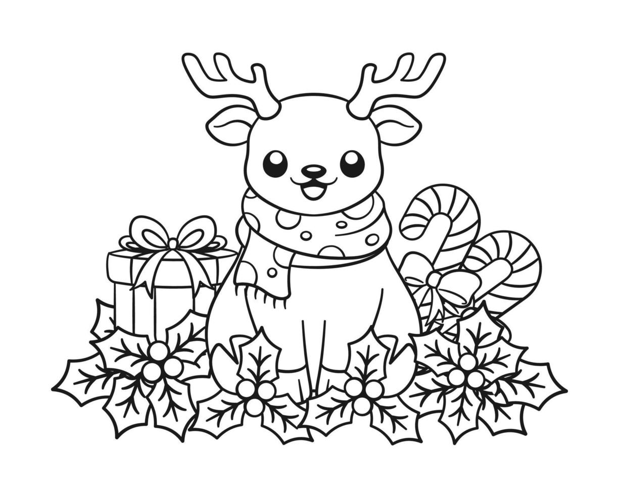 renne avec GUI, canne en bonbon et illustration de dessin animé de doodle dessin au trait contour de boîte-cadeau. Activité de page de livre de coloriage sur le thème de Noël d'hiver pour enfants et adultes. vecteur