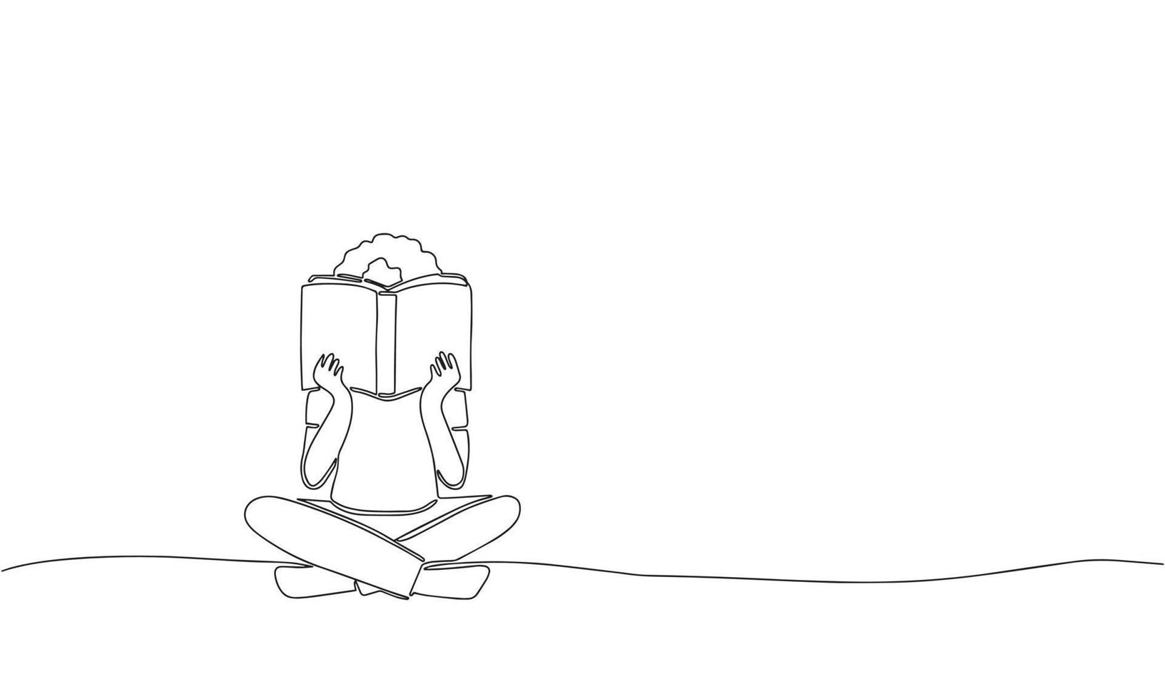 fille assise et lisant un livre. dessiner à la main des dessins au trait sur la ligne continue. illustration vectorielle vecteur