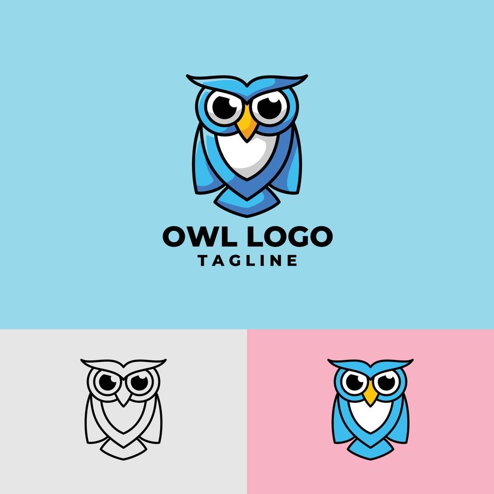 personnage de dessin animé hibou simple et propre, plat et contours logo premium vecteur