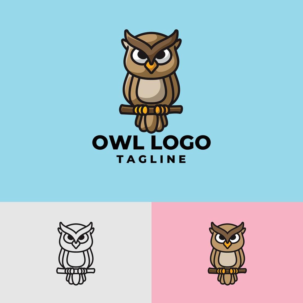 personnage de dessin animé hibou simple et propre, plat et contours logo premium vecteur