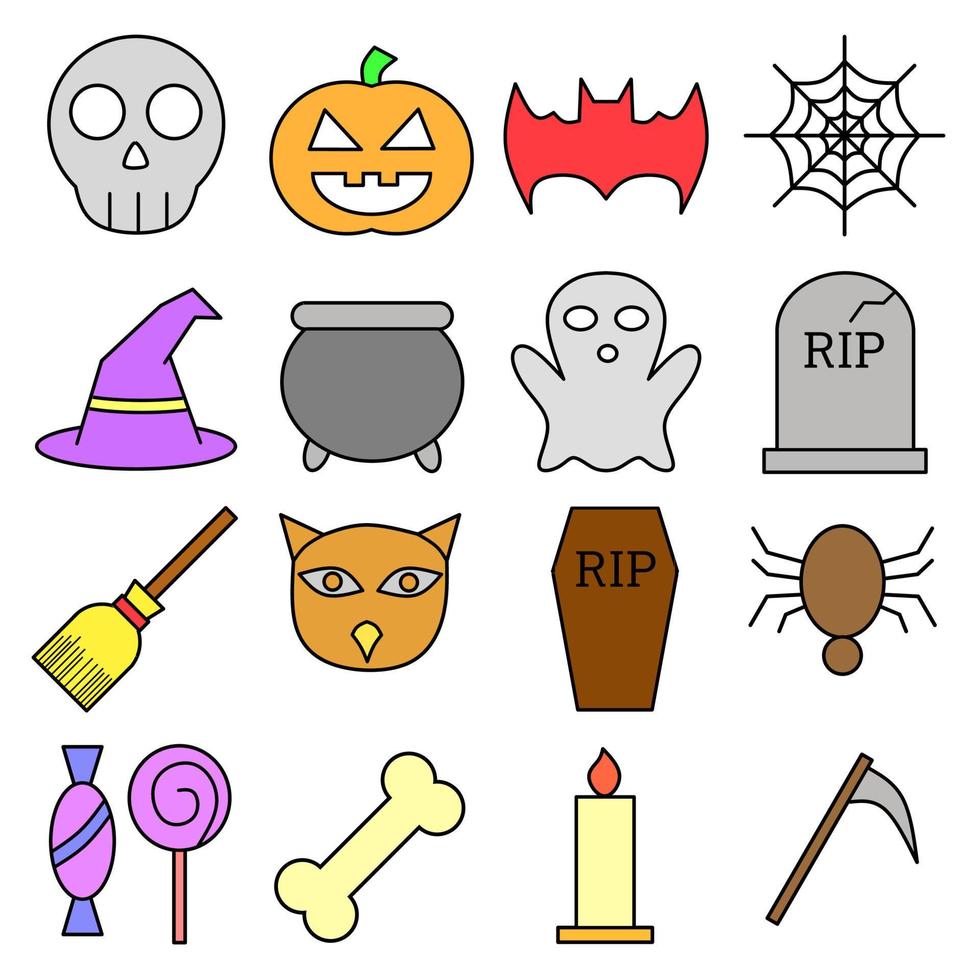 jeu d'icônes sur le thème d'halloween. coloré. dessin au trait. présenter. vecteur