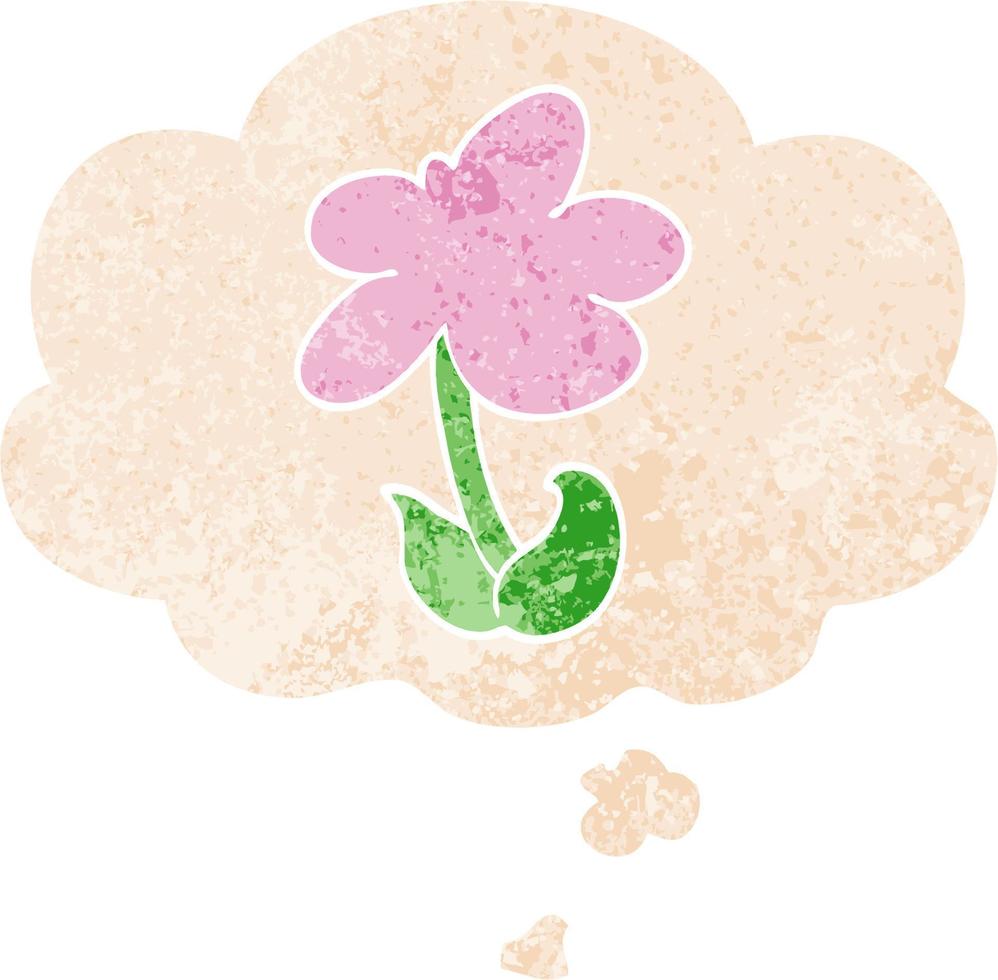 fleur de dessin animé mignon et bulle de pensée dans un style texturé rétro vecteur