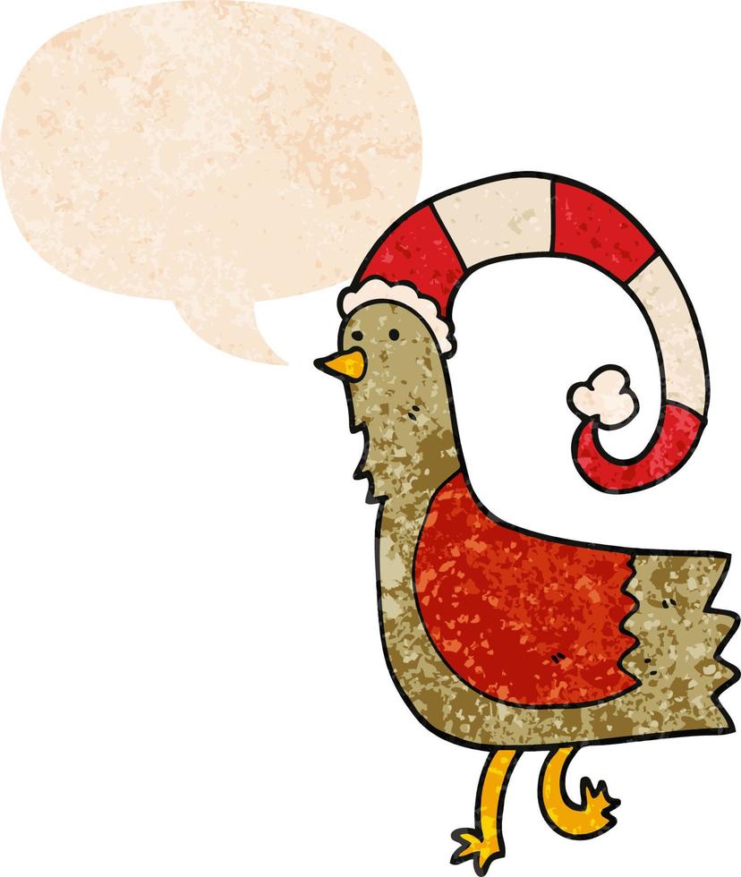 poulet de dessin animé dans un chapeau de noël drôle et bulle de dialogue dans un style texturé rétro vecteur