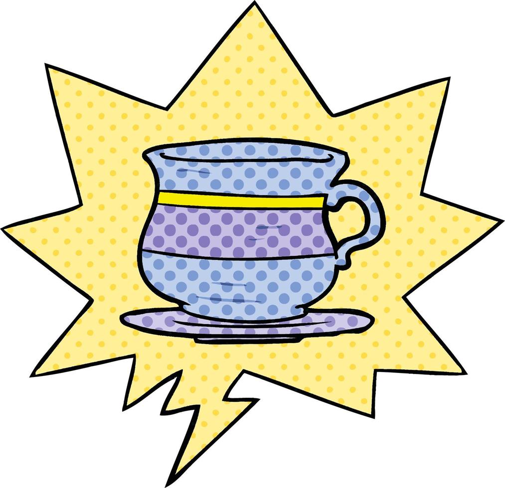 dessin animé vieille tasse de thé et bulle de dialogue dans le style de la bande dessinée vecteur