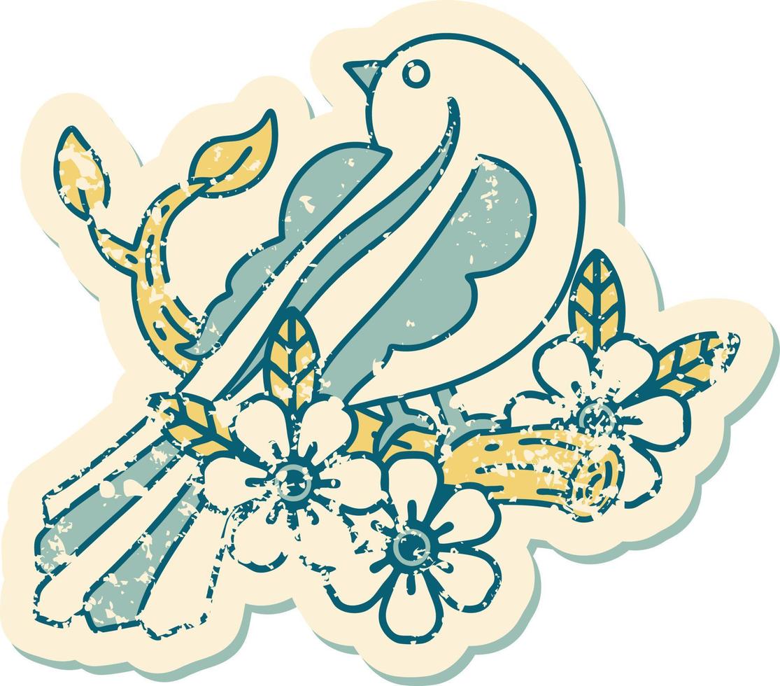 image emblématique de style tatouage autocollant en détresse d'un oiseau sur une branche vecteur