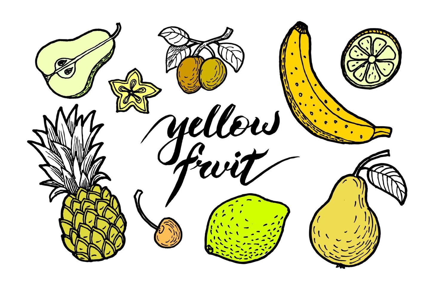ensemble d'illustrations de différents fruits de couleur jaune comme la poire, la banane, l'ananas, le citron, l'abricot, la cerise douce et la carabole vecteur