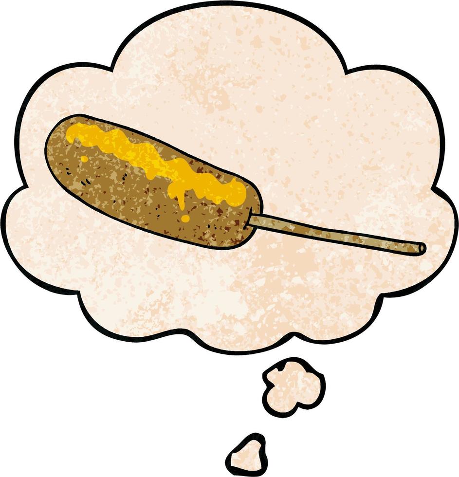 hot-dog de dessin animé sur un bâton et une bulle de pensée dans le style de motif de texture grunge vecteur