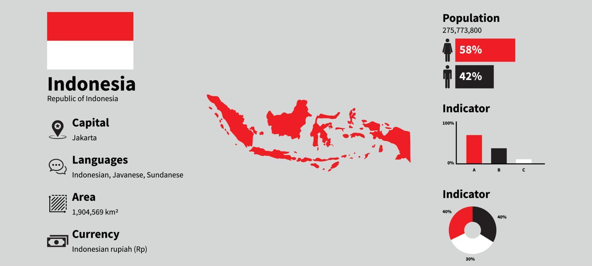 illustration vectorielle indonésie infographique avec des données statistiques précises. carte d'information sur le pays de l'indonésie et drapeau de l'indonésie vecteur