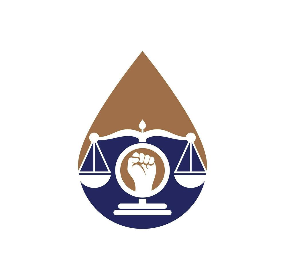 icône de conception de logo de concept de forme de goutte de poing de loi. échelles de justice dans la conception de modèle de logo de main. concept de logo de justice de révolution. vecteur