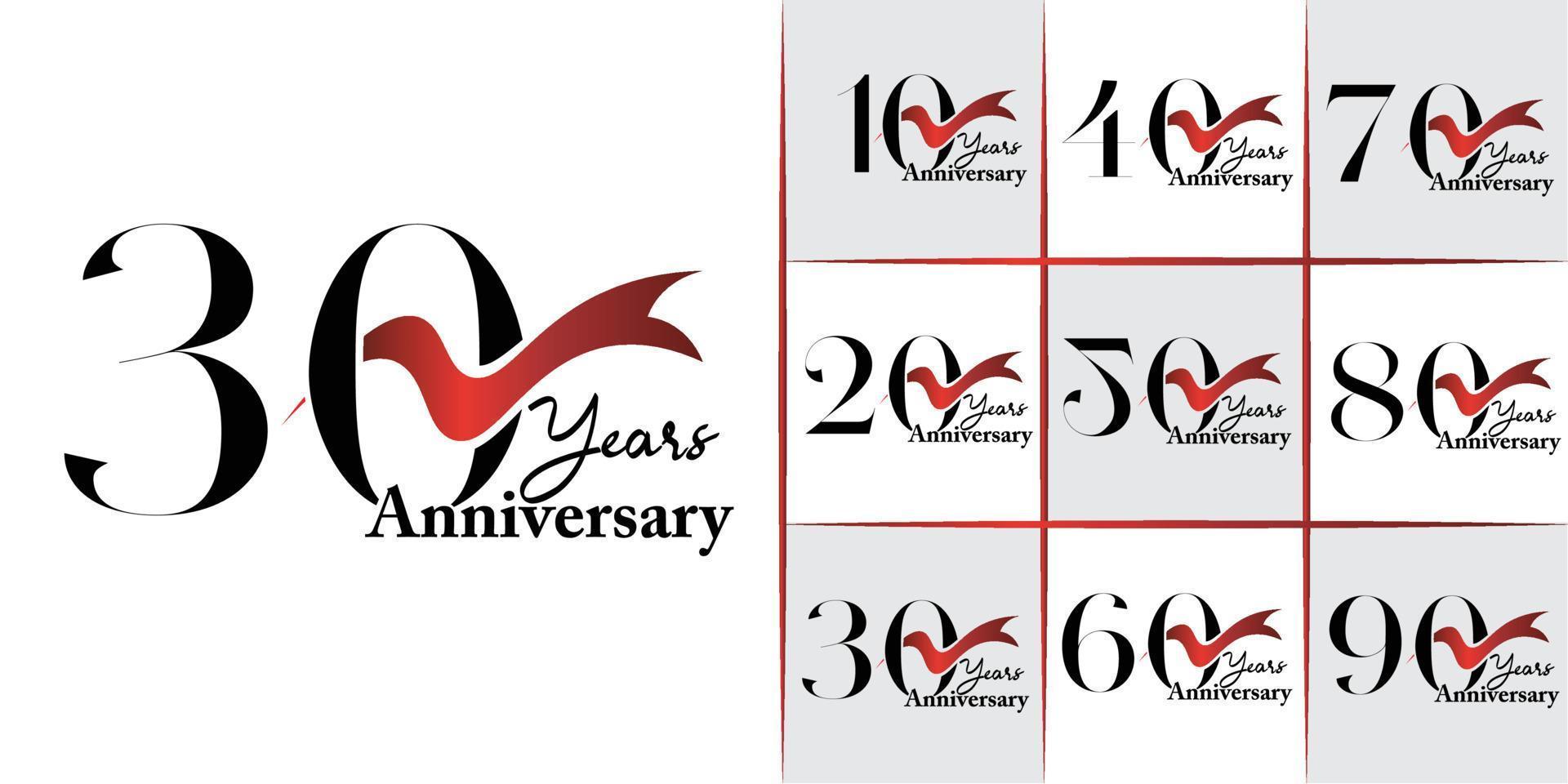 10e - 90e ensemble de conception d'emblèmes d'anniversaire avec ruban rouge, conception de modèle d'anniversaire pour le web, jeu, affiche créative, livret, dépliant, dépliant, magazine, carte d'invitation vecteur