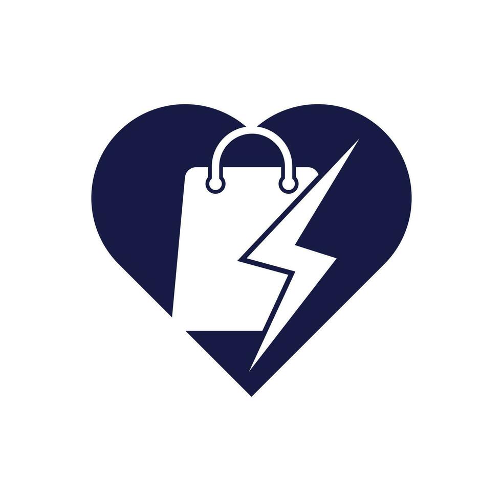 vecteur de conception de logo de concept de forme de coeur de magasin de tonnerre. logo de la boutique rapide. sac à provisions combiné avec un vecteur d'icône d'énergie ou d'éclair