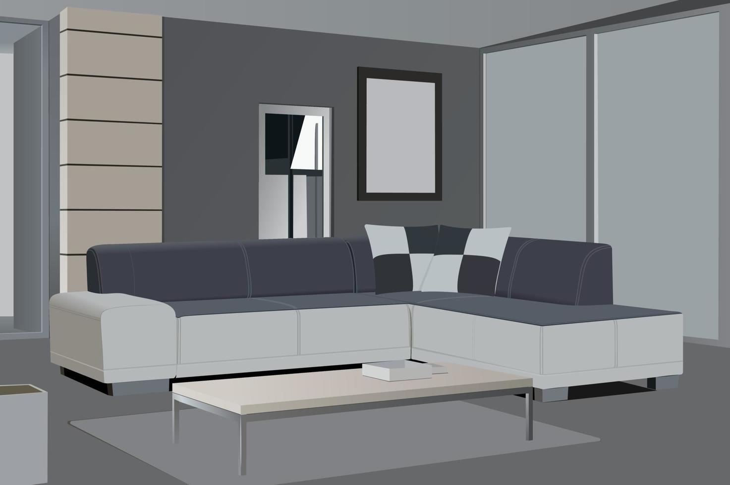 conception réaliste de salon avec système de cinéma maison moderne. fond intérieur avec salon de meubles et illustration vectorielle de canapé. vecteur
