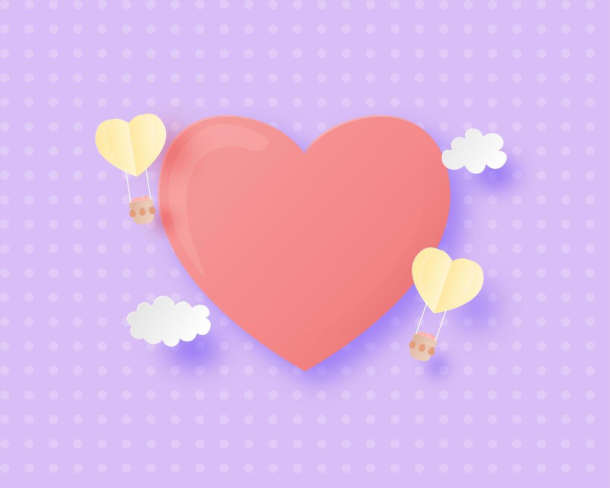 forme de coeur avec montgolfière et nuages dans un style papier découpé vecteur
