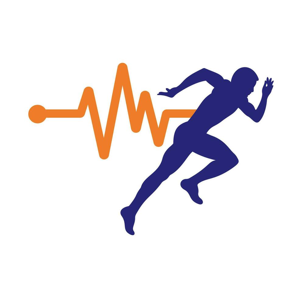 vecteur d'icône de conception de logo de marathon d'impulsion. création de logo de soins de santé du corps. homme en cours d'exécution avec icône de battement de coeur ecg de ligne.