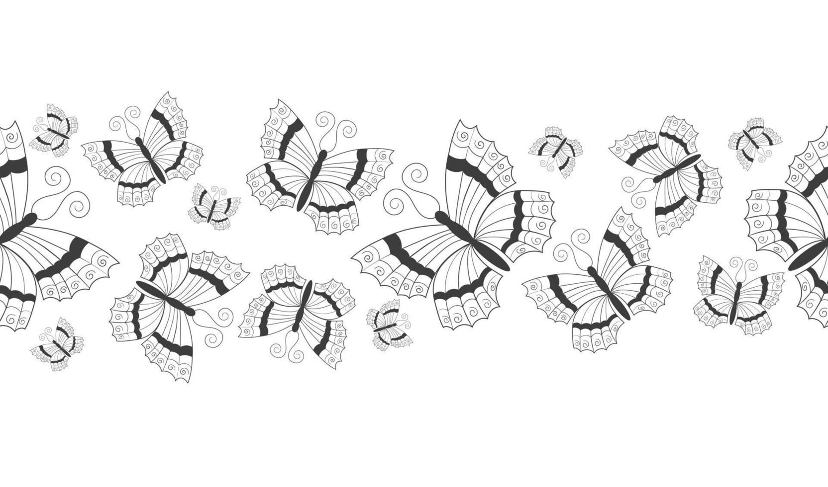bannière de bordure transparente avec silhouette noire abstraite de mignons papillons volants isolés sur fond blanc pour ruban décoratif vecteur