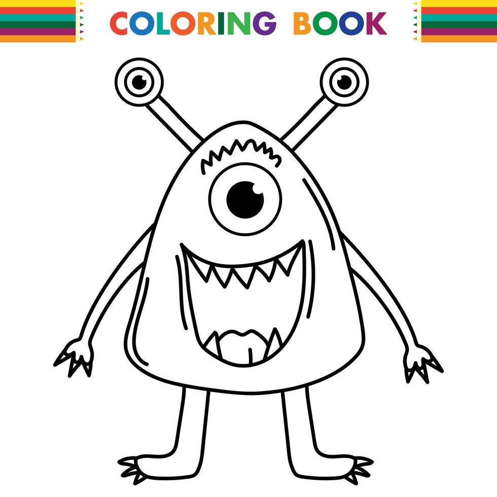 monstre extraterrestre drôle et mignon avec trois yeux pour les enfants. créature imaginaire pour livre de coloriage pour enfants, dessin animé fantastique contour noir et blanc pour pages à colorier. vecteur