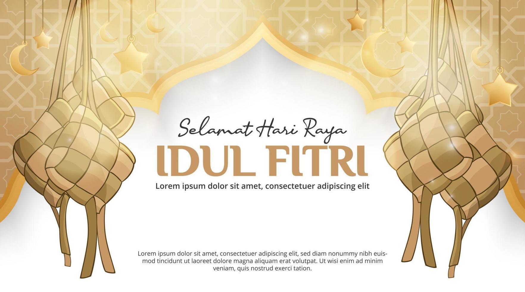 selamat hari raya idul fitri ou joyeux eid al-fitr fond avec ketupat et ornements vecteur