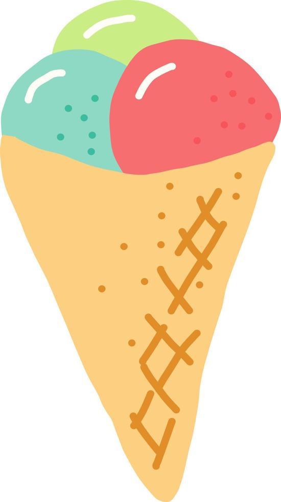 crème glacée dans un cornet gaufré. griffonnage dessiné à la main. , dessin animé. icône, carte, affiche, autocollant. nourriture douce rafraîchissant lumineux été vecteur