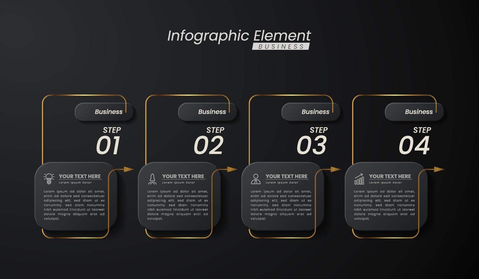 modèle vectoriel 3d infographique élégant en or foncé avec des étapes pour réussir. présentation avec des icônes d'éléments de ligne. la conception de concept d'entreprise peut être utilisée pour la mise en page web, brochure, diagramme, graphique ou bannière