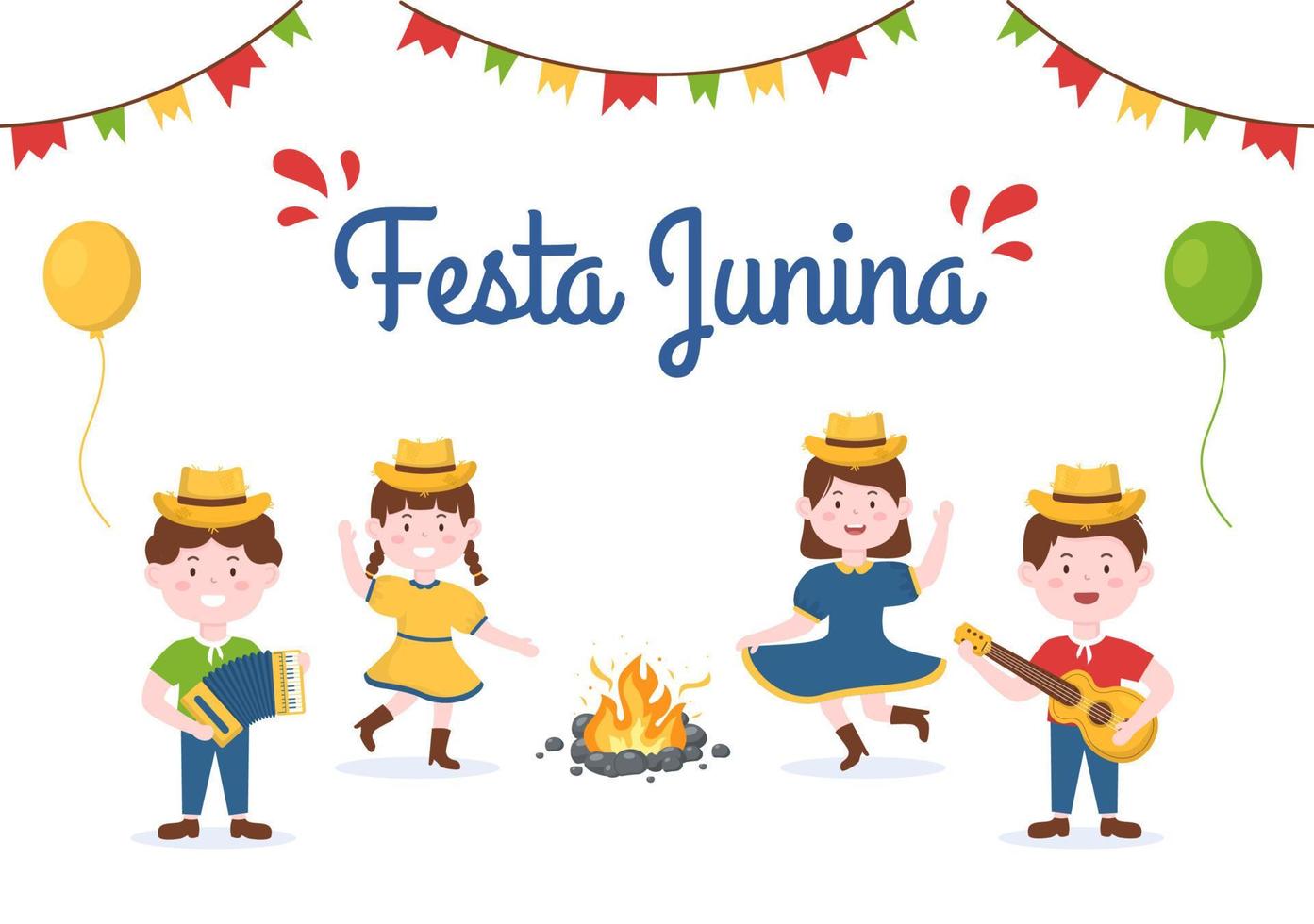 illustration de dessin animé de célébration de festa junina ou sao joao rendue très animée en chantant, en dansant la samba et en jouant à des jeux traditionnels venus du brésil vecteur