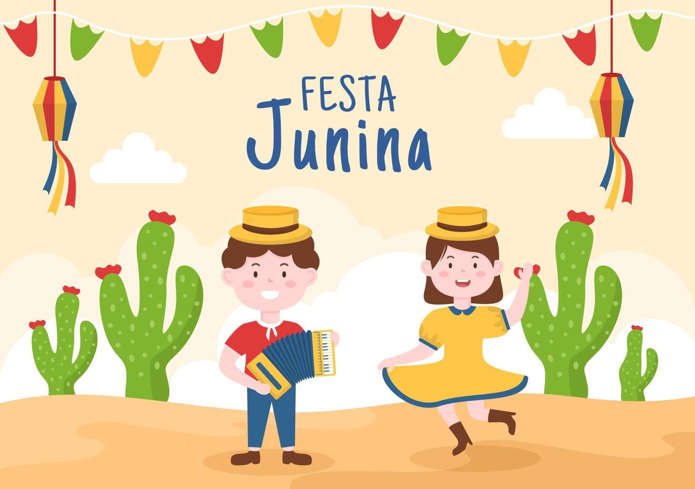 illustration de dessin animé de célébration de festa junina ou sao joao rendue très animée en chantant, en dansant la samba et en jouant à des jeux traditionnels venus du brésil vecteur