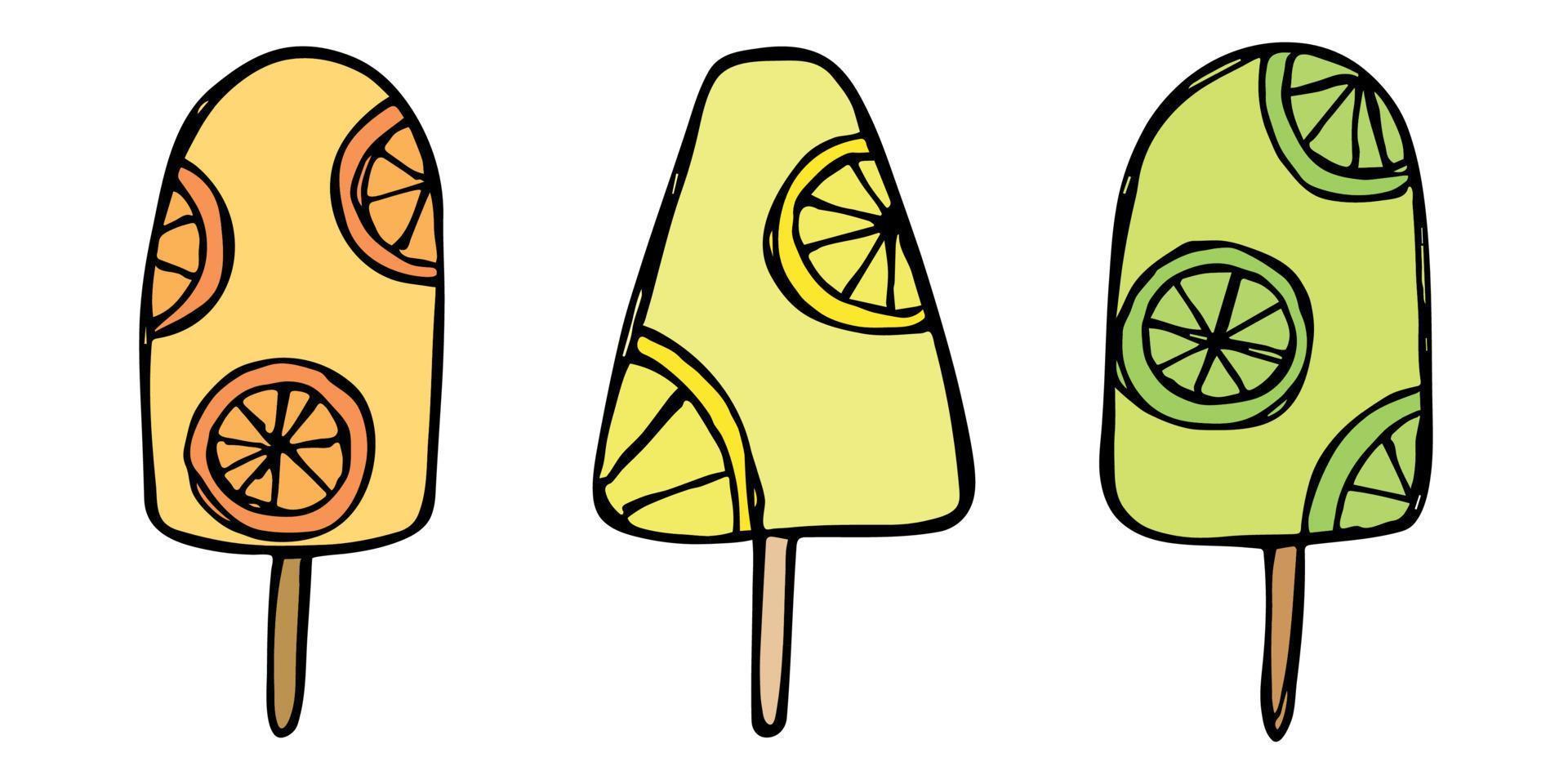 ensemble vectoriel d'illustration de crème glacée dessinée à la main. clipart de dessert mignon. pour l'impression, le web, le design, la décoration, le logo.