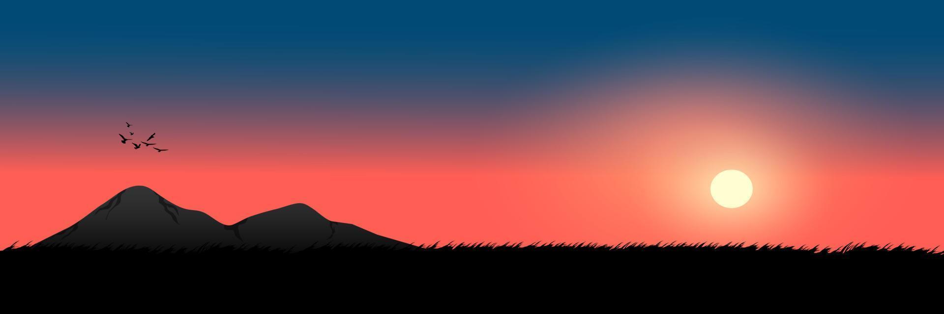 graphique dessin paysage vue extérieure du coucher du soleil avec de l'herbe sur le sol pour fond d'écran illustration vectorielle vecteur