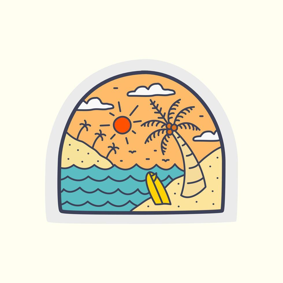 plage d'été, cocotier, planche de surf et coucher de soleil. conception pour t-shirt, badge, autocollant, etc. vecteur