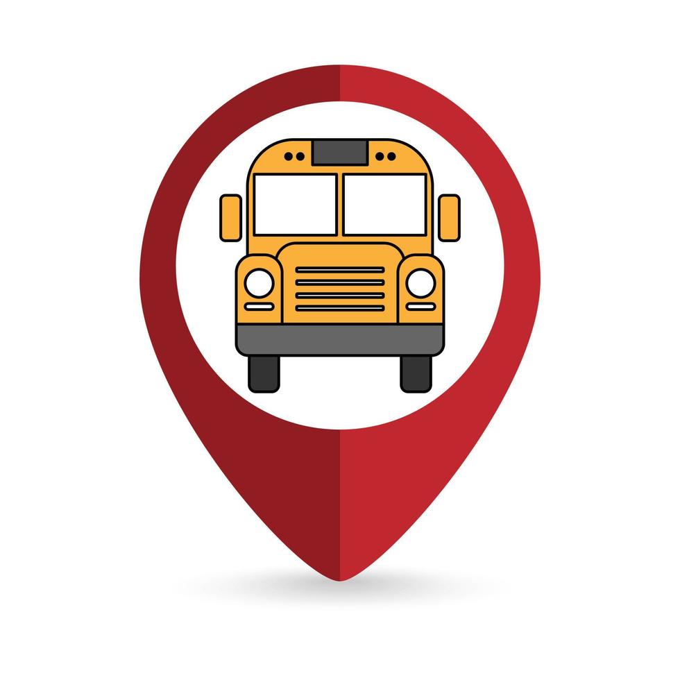 pointeur de carte avec icône de bus scolaire jaune. illustration vectorielle. vecteur