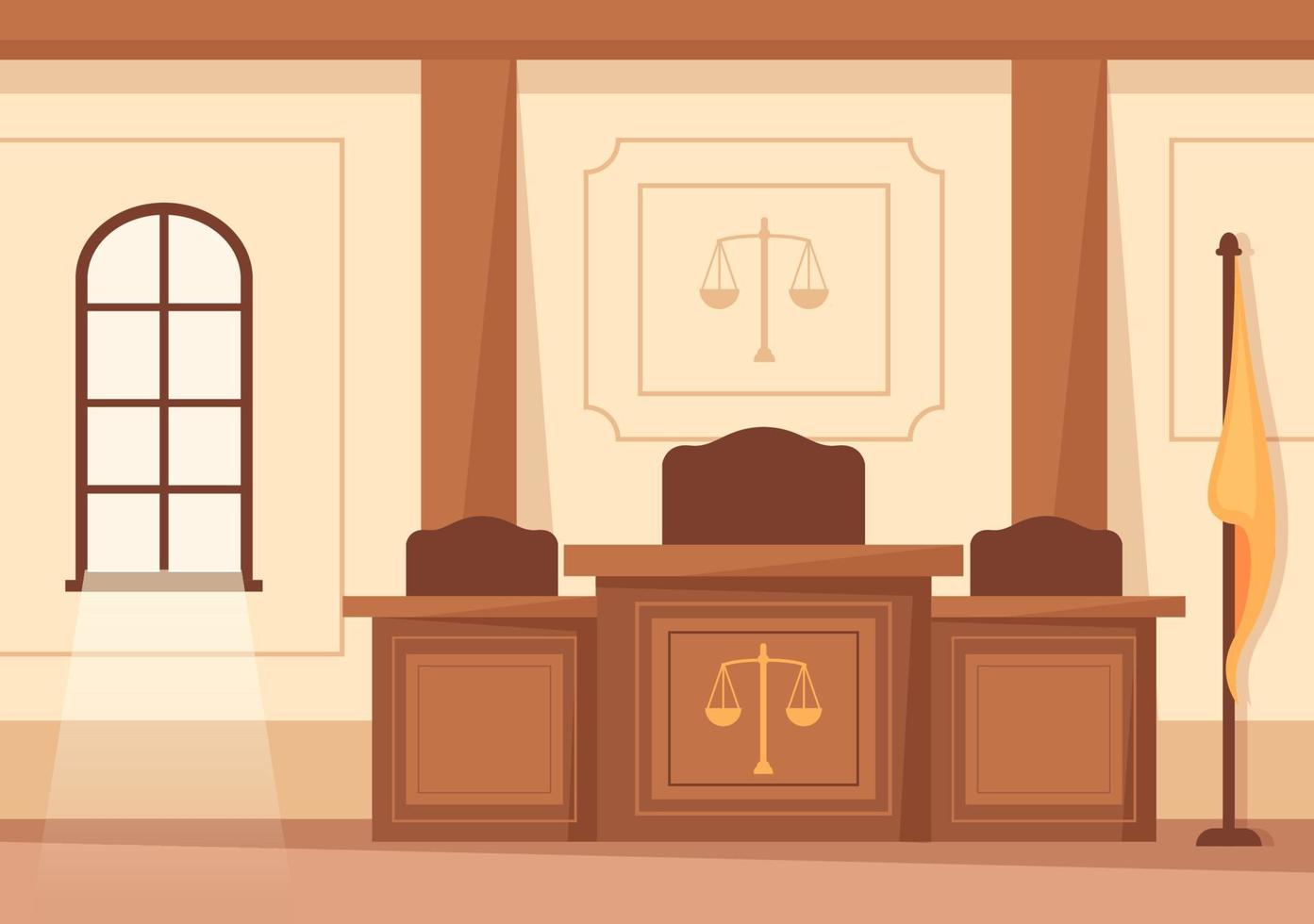 intérieur de la salle d'audience avec table de juge ou de jury, drapeau et marteau de juge en bois en illustration de dessin animé plat vecteur