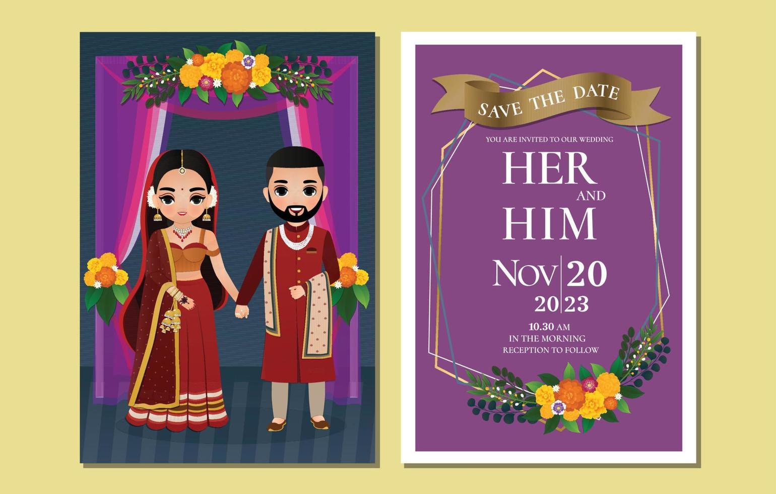 carte d'invitation de mariage indien personnage de dessin animé mignon couple hindou en vue avant et arrière vecteur