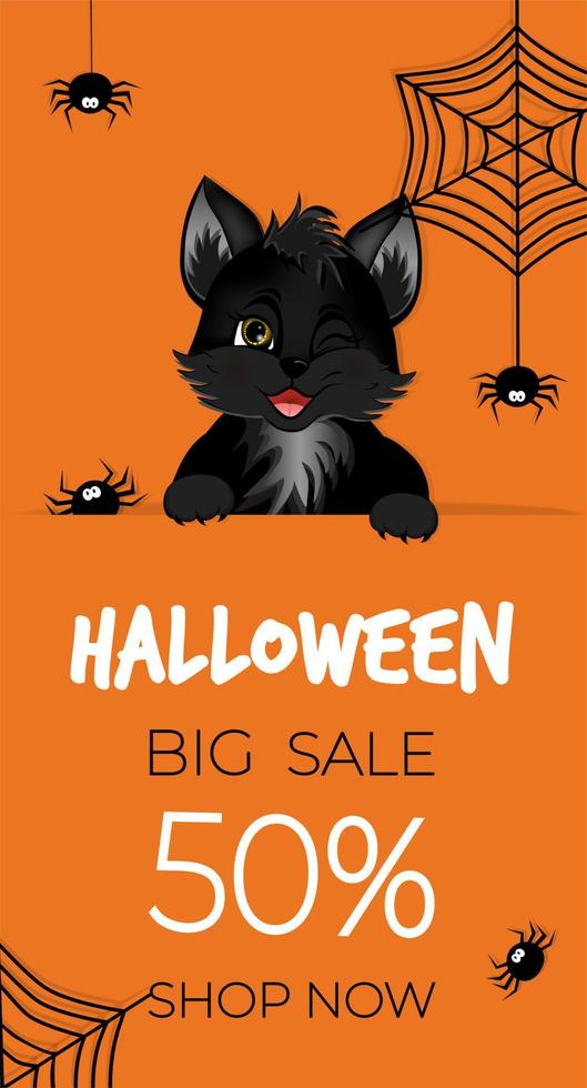 bannière ou dépliant de vente d'halloween heureux. chaton noir mignon avec des araignées et une toile d'araignée. vecteur
