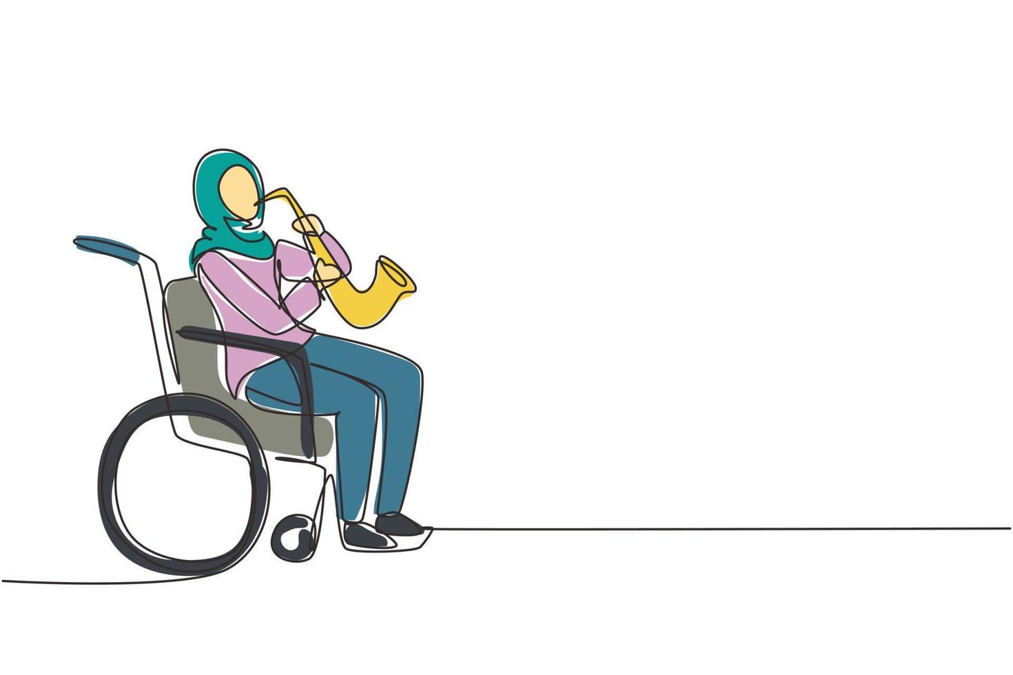 une seule ligne dessinant une femme arabe assise en fauteuil roulant joue du saxophone. handicap, musique classique. handicapé. personne à l'hôpital. illustration vectorielle graphique de conception de dessin en ligne continue vecteur