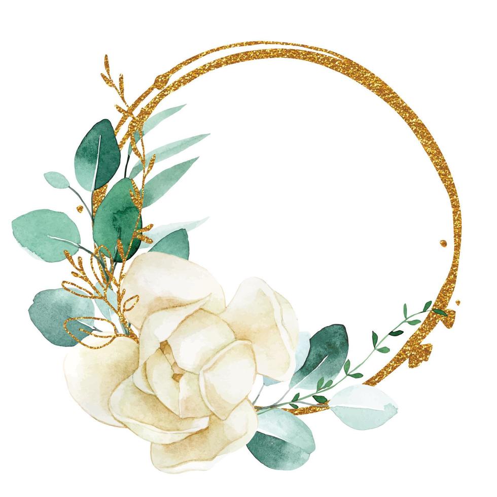 cadre rond doré avec feuilles d'eucalyptus vert aquarelle et fleurs de magnolia. cadre abstrait avec des touches de branches d'or et d'eucalyptus vecteur