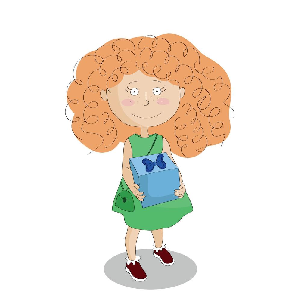 portrait d'une petite fille rousse de dessin animé tenant une grande boîte-cadeau dans ses mains, isolée sur un vecteur blanc et plat