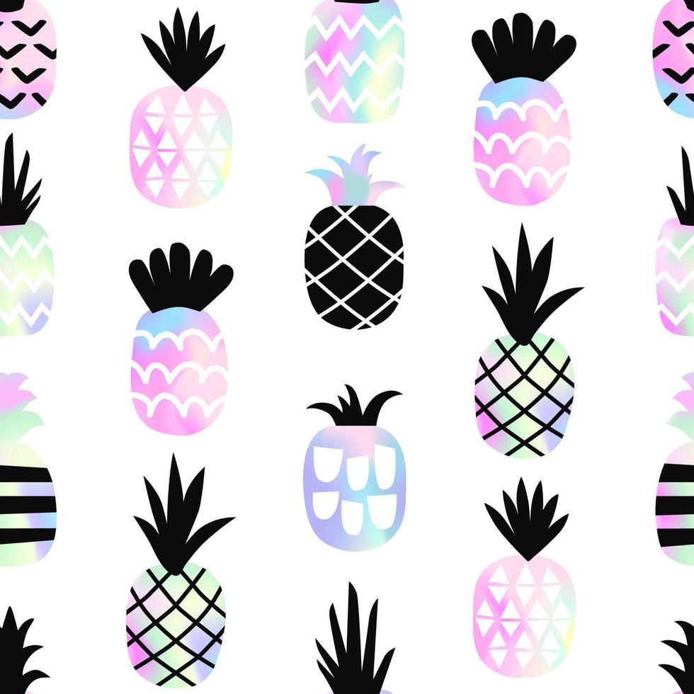 modèle sans couture d'ananas holographique avec ornement géométrique. fond élégant créatif, dégradé tendance. illustration vectorielle vecteur