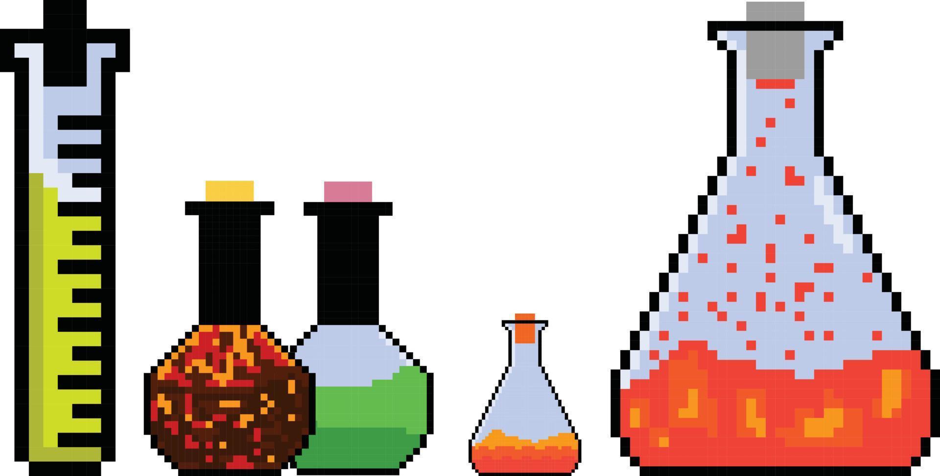 tube à essai pixel art, ensemble de pixels de verrerie de laboratoire scientifique. vecteur