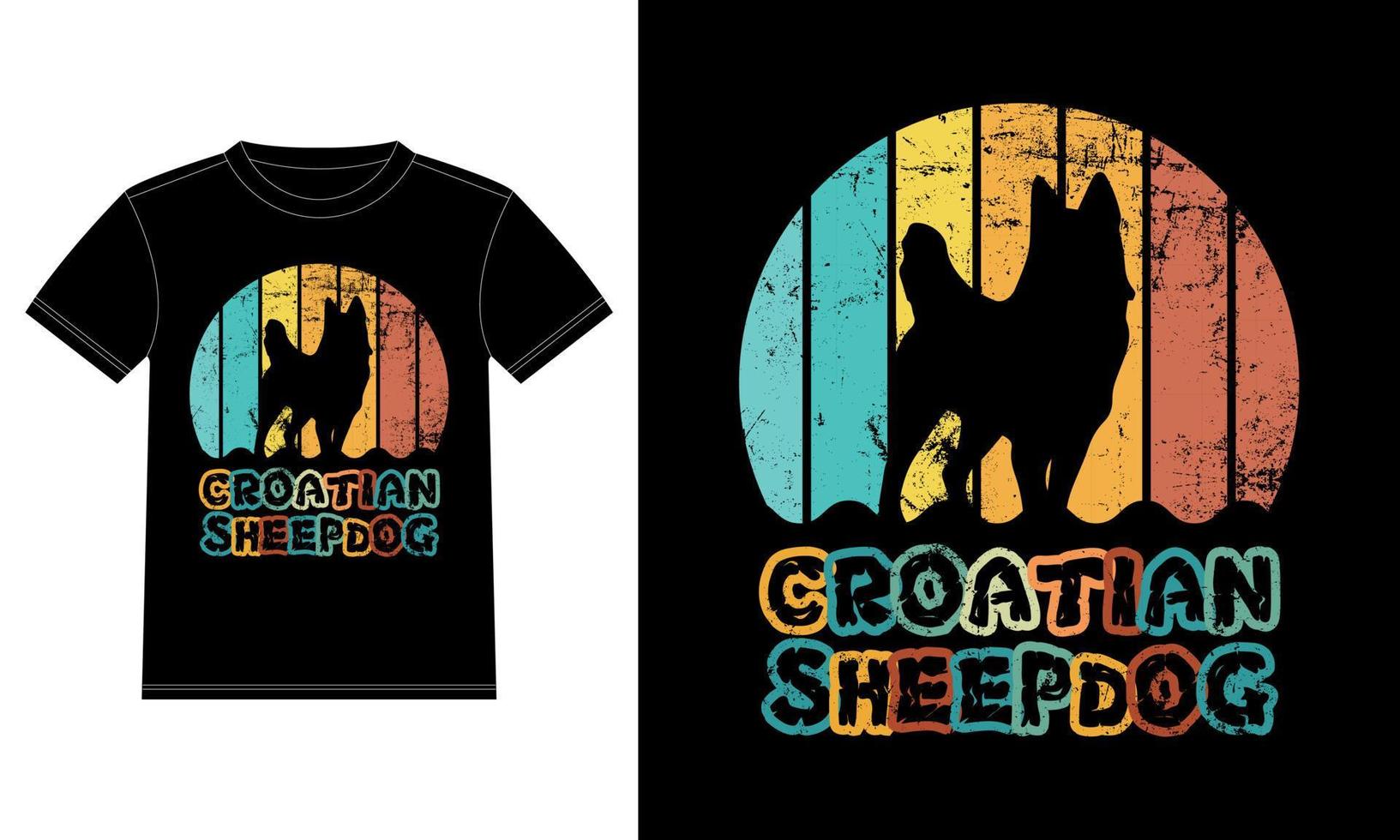 chien de berger croate drôle vintage rétro coucher de soleil silhouette cadeaux amoureux des chiens propriétaire de chien essentiel t-shirt vecteur
