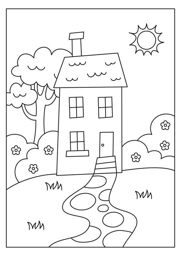 page de coloriage de maison pour le vecteur imprimable d'activité d'enfant